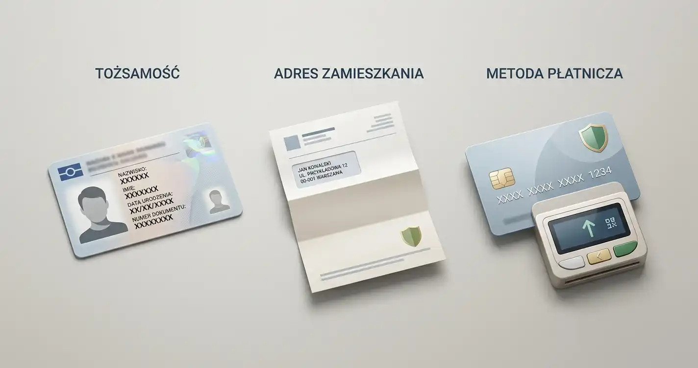 Neutralna ilustracja procesu KYC z dokumentem tożsamości, adresem i metodą płatniczą bez danych osobowych
